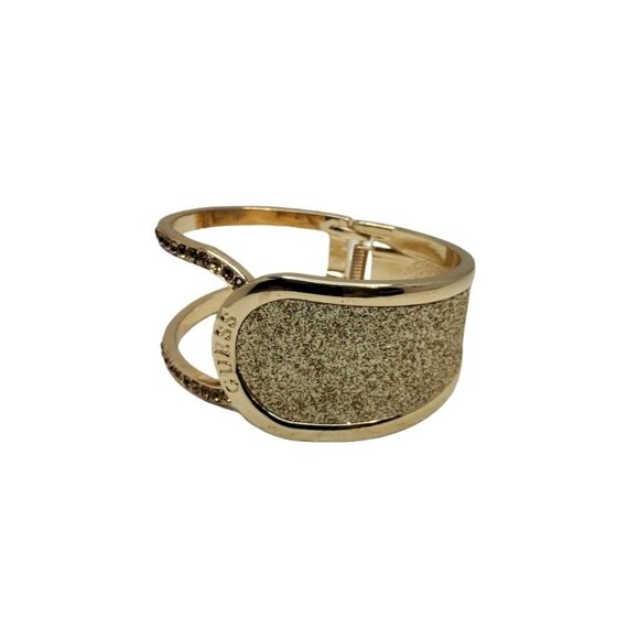 vintage guess gold tone rhinestone lined, textured spring closure cuff bracelet - Picture 1 of 4